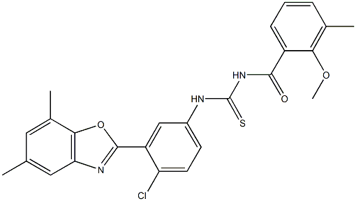 N-[4-chloro-3-(5,7-dimethyl-1,3-benzoxazol-2-yl)phenyl]-N'-(2-methoxy-3-methylbenzoyl)thiourea Struktur