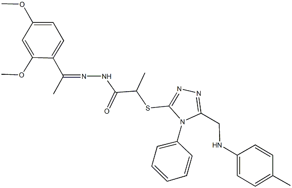 N'-[1-(2,4-dimethoxyphenyl)ethylidene]-2-{[4-phenyl-5-(4-toluidinomethyl)-4H-1,2,4-triazol-3-yl]sulfanyl}propanohydrazide Struktur