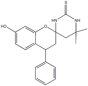 4',4'-dimethyl-4-phenyl-7-hydroxy-1',3',5',6'-tetrahydrospiro[chromane-2,6'-pyrimidine]-2'(1'H)-thione Struktur