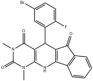 5-(5-bromo-2-fluorophenyl)-1,3-dimethyl-5,11-dihydro-1H-indeno[2',1':5,6]pyrido[2,3-d]pyrimidine-2,4,6(3H)-trione Struktur