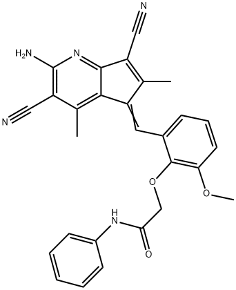 2-{2-[(2-amino-3,7-dicyano-4,6-dimethyl-5H-cyclopenta[b]pyridin-5-ylidene)methyl]-6-methoxyphenoxy}-N-phenylacetamide Struktur