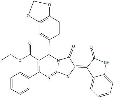 ethyl 5-(1,3-benzodioxol-5-yl)-3-oxo-2-(2-oxo-1,2-dihydro-3H-indol-3-ylidene)-7-phenyl-2,3-dihydro-5H-[1,3]thiazolo[3,2-a]pyrimidine-6-carboxylate Struktur