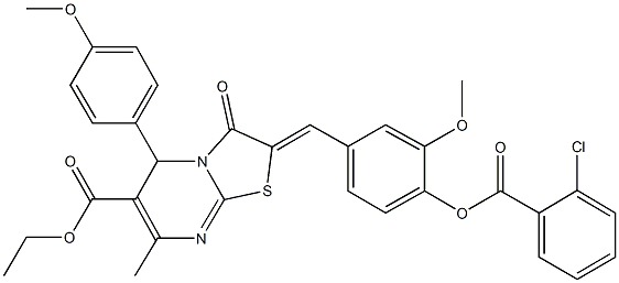 ethyl2-{4-[(2-chlorobenzoyl)oxy]-3-methoxybenzylidene}-5-(4-methoxyphenyl)-7-methyl-3-oxo-2,3-dihydro-5H-[1,3]thiazolo[3,2-a]pyrimidine-6-carboxylate Struktur