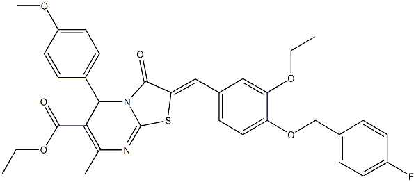 ethyl2-{3-ethoxy-4-[(4-fluorobenzyl)oxy]benzylidene}-5-(4-methoxyphenyl)-7-methyl-3-oxo-2,3-dihydro-5H-[1,3]thiazolo[3,2-a]pyrimidine-6-carboxylate Struktur