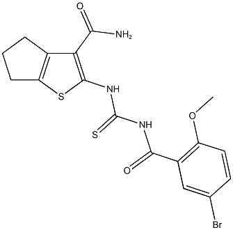 2-({[(5-bromo-2-methoxybenzoyl)amino]carbothioyl}amino)-5,6-dihydro-4H-cyclopenta[b]thiophene-3-carboxamide Struktur