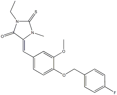 3-ethyl-5-{4-[(4-fluorobenzyl)oxy]-3-methoxybenzylidene}-1-methyl-2-thioxoimidazolidin-4-one Struktur