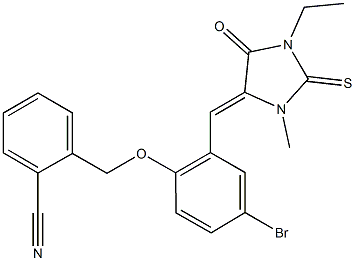 2-({4-bromo-2-[(1-ethyl-3-methyl-5-oxo-2-thioxoimidazolidin-4-ylidene)methyl]phenoxy}methyl)benzonitrile Struktur