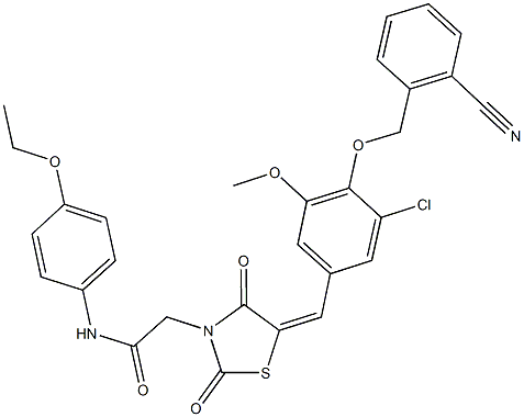 2-(5-{3-chloro-4-[(2-cyanobenzyl)oxy]-5-methoxybenzylidene}-2,4-dioxo-1,3-thiazolidin-3-yl)-N-(4-ethoxyphenyl)acetamide Struktur