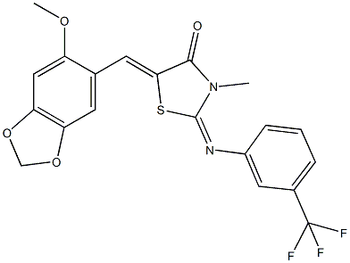 5-[(6-methoxy-1,3-benzodioxol-5-yl)methylene]-3-methyl-2-{[3-(trifluoromethyl)phenyl]imino}-1,3-thiazolidin-4-one Struktur