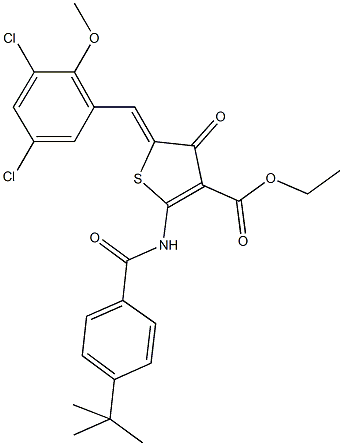 ethyl 2-[(4-tert-butylbenzoyl)amino]-5-(3,5-dichloro-2-methoxybenzylidene)-4-oxo-4,5-dihydro-3-thiophenecarboxylate Struktur