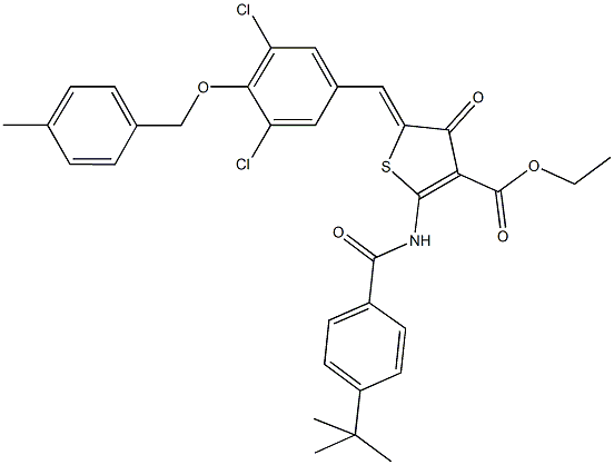 ethyl 2-[(4-tert-butylbenzoyl)amino]-5-{3,5-dichloro-4-[(4-methylbenzyl)oxy]benzylidene}-4-oxo-4,5-dihydro-3-thiophenecarboxylate Struktur