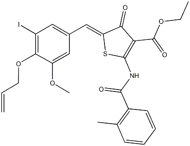 ethyl 5-[4-(allyloxy)-3-iodo-5-methoxybenzylidene]-2-[(2-methylbenzoyl)amino]-4-oxo-4,5-dihydro-3-thiophenecarboxylate Struktur