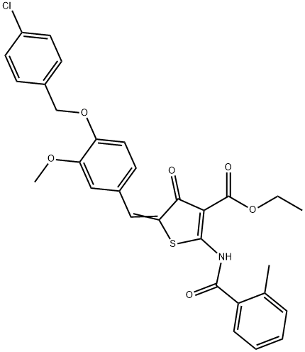 ethyl 5-{4-[(4-chlorobenzyl)oxy]-3-methoxybenzylidene}-2-[(2-methylbenzoyl)amino]-4-oxo-4,5-dihydro-3-thiophenecarboxylate Struktur