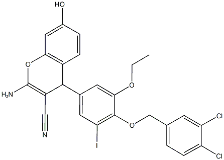 2-amino-4-{4-[(3,4-dichlorobenzyl)oxy]-3-ethoxy-5-iodophenyl}-7-hydroxy-4H-chromene-3-carbonitrile Struktur