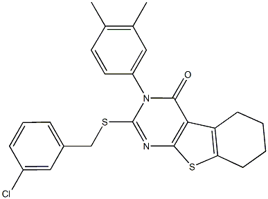 2-[(3-chlorobenzyl)sulfanyl]-3-(3,4-dimethylphenyl)-5,6,7,8-tetrahydro[1]benzothieno[2,3-d]pyrimidin-4(3H)-one Struktur