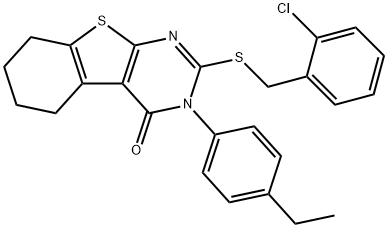 2-[(2-chlorobenzyl)sulfanyl]-3-(4-ethylphenyl)-5,6,7,8-tetrahydro[1]benzothieno[2,3-d]pyrimidin-4(3H)-one Struktur