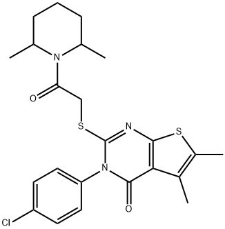 3-(4-chlorophenyl)-2-{[2-(2,6-dimethyl-1-piperidinyl)-2-oxoethyl]sulfanyl}-5,6-dimethylthieno[2,3-d]pyrimidin-4(3H)-one Struktur