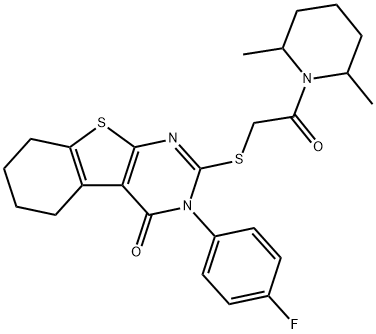 2-{[2-(2,6-dimethyl-1-piperidinyl)-2-oxoethyl]sulfanyl}-3-(4-fluorophenyl)-5,6,7,8-tetrahydro[1]benzothieno[2,3-d]pyrimidin-4(3H)-one Struktur