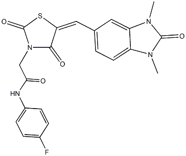 2-{5-[(1,3-dimethyl-2-oxo-2,3-dihydro-1H-benzimidazol-5-yl)methylene]-2,4-dioxo-1,3-thiazolidin-3-yl}-N-(4-fluorophenyl)acetamide Struktur