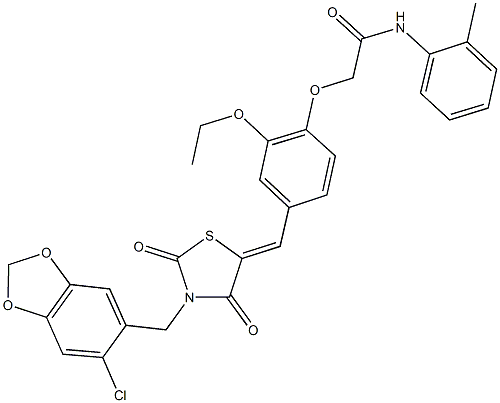 2-[4-({3-[(6-chloro-1,3-benzodioxol-5-yl)methyl]-2,4-dioxo-1,3-thiazolidin-5-ylidene}methyl)-2-ethoxyphenoxy]-N-(2-methylphenyl)acetamide Struktur