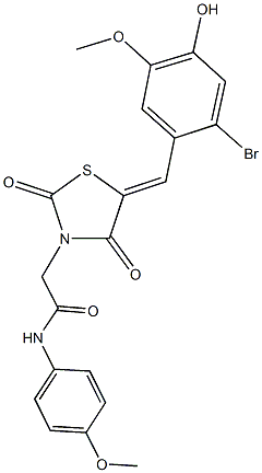 2-[5-(2-bromo-4-hydroxy-5-methoxybenzylidene)-2,4-dioxo-1,3-thiazolidin-3-yl]-N-(4-methoxyphenyl)acetamide Struktur