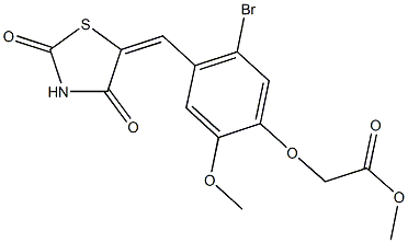 methyl {5-bromo-4-[(2,4-dioxo-1,3-thiazolidin-5-ylidene)methyl]-2-methoxyphenoxy}acetate Struktur