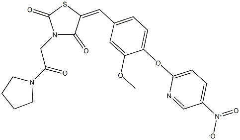 5-[4-({5-nitro-2-pyridinyl}oxy)-3-methoxybenzylidene]-3-[2-oxo-2-(1-pyrrolidinyl)ethyl]-1,3-thiazolidine-2,4-dione Struktur