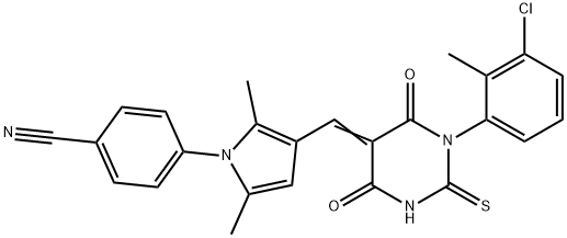 4-{3-[(1-(3-chloro-2-methylphenyl)-4,6-dioxo-2-thioxotetrahydro-5(2H)-pyrimidinylidene)methyl]-2,5-dimethyl-1H-pyrrol-1-yl}benzonitrile Struktur