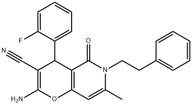 2-amino-4-(2-fluorophenyl)-7-methyl-5-oxo-6-(2-phenylethyl)-5,6-dihydro-4H-pyrano[3,2-c]pyridine-3-carbonitrile Struktur