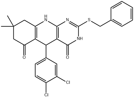 2-(benzylsulfanyl)-5-(3,4-dichlorophenyl)-8,8-dimethyl-5,8,9,10-tetrahydropyrimido[4,5-b]quinoline-4,6(3H,7H)-dione Struktur