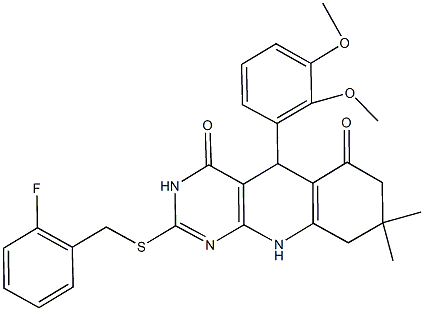 5-(2,3-dimethoxyphenyl)-2-[(2-fluorobenzyl)sulfanyl]-8,8-dimethyl-5,8,9,10-tetrahydropyrimido[4,5-b]quinoline-4,6(3H,7H)-dione Struktur