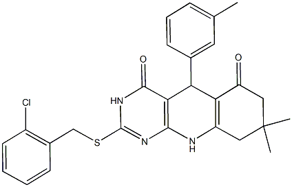 2-[(2-chlorobenzyl)sulfanyl]-8,8-dimethyl-5-(3-methylphenyl)-5,8,9,10-tetrahydropyrimido[4,5-b]quinoline-4,6(3H,7H)-dione Struktur