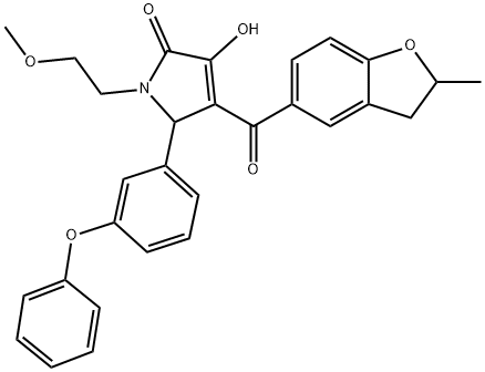 3-hydroxy-1-(2-methoxyethyl)-4-[(2-methyl-2,3-dihydro-1-benzofuran-5-yl)carbonyl]-5-(3-phenoxyphenyl)-1,5-dihydro-2H-pyrrol-2-one Struktur