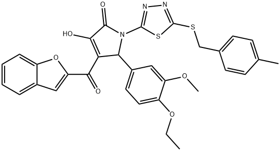 4-(1-benzofuran-2-ylcarbonyl)-5-(4-ethoxy-3-methoxyphenyl)-3-hydroxy-1-{5-[(4-methylbenzyl)sulfanyl]-1,3,4-thiadiazol-2-yl}-1,5-dihydro-2H-pyrrol-2-one Struktur