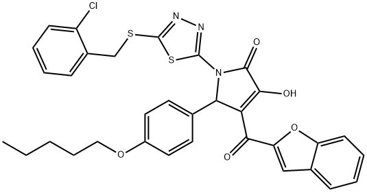 4-(1-benzofuran-2-ylcarbonyl)-1-{5-[(2-chlorobenzyl)sulfanyl]-1,3,4-thiadiazol-2-yl}-3-hydroxy-5-[4-(pentyloxy)phenyl]-1,5-dihydro-2H-pyrrol-2-one Struktur