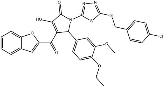 4-(1-benzofuran-2-ylcarbonyl)-1-{5-[(4-chlorobenzyl)sulfanyl]-1,3,4-thiadiazol-2-yl}-5-(4-ethoxy-3-methoxyphenyl)-3-hydroxy-1,5-dihydro-2H-pyrrol-2-one Struktur