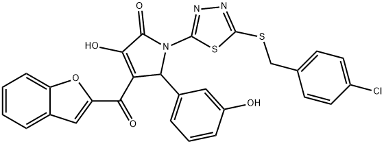 4-(1-benzofuran-2-ylcarbonyl)-1-{5-[(4-chlorobenzyl)sulfanyl]-1,3,4-thiadiazol-2-yl}-3-hydroxy-5-(3-hydroxyphenyl)-1,5-dihydro-2H-pyrrol-2-one Struktur