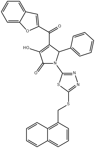 4-(1-benzofuran-2-ylcarbonyl)-3-hydroxy-1-{5-[(1-naphthylmethyl)sulfanyl]-1,3,4-thiadiazol-2-yl}-5-phenyl-1,5-dihydro-2H-pyrrol-2-one Struktur