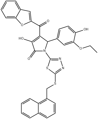 4-(1-benzofuran-2-ylcarbonyl)-5-(3-ethoxy-4-hydroxyphenyl)-3-hydroxy-1-{5-[(1-naphthylmethyl)sulfanyl]-1,3,4-thiadiazol-2-yl}-1,5-dihydro-2H-pyrrol-2-one Struktur