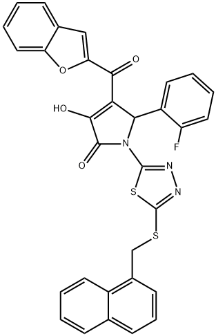 4-(1-benzofuran-2-ylcarbonyl)-5-(2-fluorophenyl)-3-hydroxy-1-{5-[(1-naphthylmethyl)sulfanyl]-1,3,4-thiadiazol-2-yl}-1,5-dihydro-2H-pyrrol-2-one Struktur