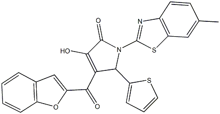 4-(1-benzofuran-2-ylcarbonyl)-3-hydroxy-1-(6-methyl-1,3-benzothiazol-2-yl)-5-(2-thienyl)-1,5-dihydro-2H-pyrrol-2-one Struktur