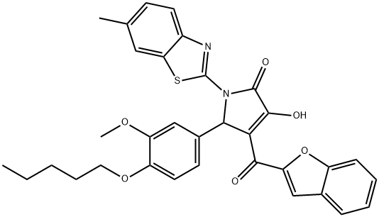 4-(1-benzofuran-2-ylcarbonyl)-3-hydroxy-5-[3-methoxy-4-(pentyloxy)phenyl]-1-(6-methyl-1,3-benzothiazol-2-yl)-1,5-dihydro-2H-pyrrol-2-one Struktur