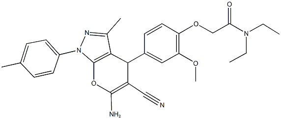 2-{4-[6-amino-5-cyano-3-methyl-1-(4-methylphenyl)-1,4-dihydropyrano[2,3-c]pyrazol-4-yl]-2-methoxyphenoxy}-N,N-diethylacetamide Struktur