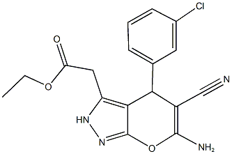 ethyl [6-amino-4-(3-chlorophenyl)-5-cyano-2,4-dihydropyrano[2,3-c]pyrazol-3-yl]acetate Struktur