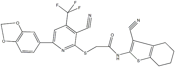 2-{[6-(1,3-benzodioxol-5-yl)-3-cyano-4-(trifluoromethyl)pyridin-2-yl]sulfanyl}-N-(3-cyano-4,5,6,7-tetrahydro-1-benzothien-2-yl)acetamide Struktur