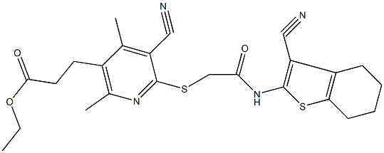 ethyl 3-[5-cyano-6-({2-[(3-cyano-4,5,6,7-tetrahydro-1-benzothien-2-yl)amino]-2-oxoethyl}sulfanyl)-2,4-dimethylpyridin-3-yl]propanoate Struktur