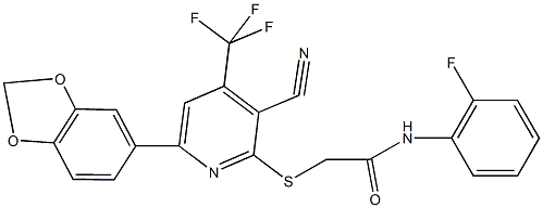 2-{[6-(1,3-benzodioxol-5-yl)-3-cyano-4-(trifluoromethyl)pyridin-2-yl]sulfanyl}-N-(2-fluorophenyl)acetamide Struktur