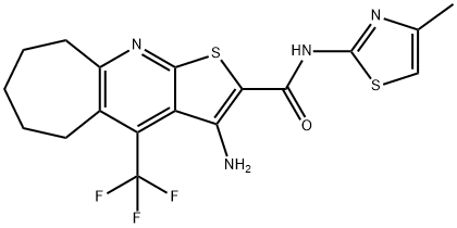 3-amino-N-(4-methyl-1,3-thiazol-2-yl)-4-(trifluoromethyl)-6,7,8,9-tetrahydro-5H-cyclohepta[b]thieno[3,2-e]pyridine-2-carboxamide Struktur