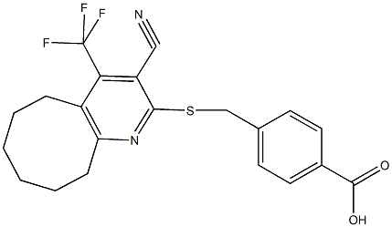 4-({[3-cyano-4-(trifluoromethyl)-5,6,7,8,9,10-hexahydrocycloocta[b]pyridin-2-yl]sulfanyl}methyl)benzoic acid Struktur