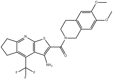 2-[(6,7-dimethoxy-3,4-dihydroisoquinolin-2(1H)-yl)carbonyl]-4-(trifluoromethyl)-6,7-dihydro-5H-cyclopenta[b]thieno[3,2-e]pyridin-3-ylamine Struktur